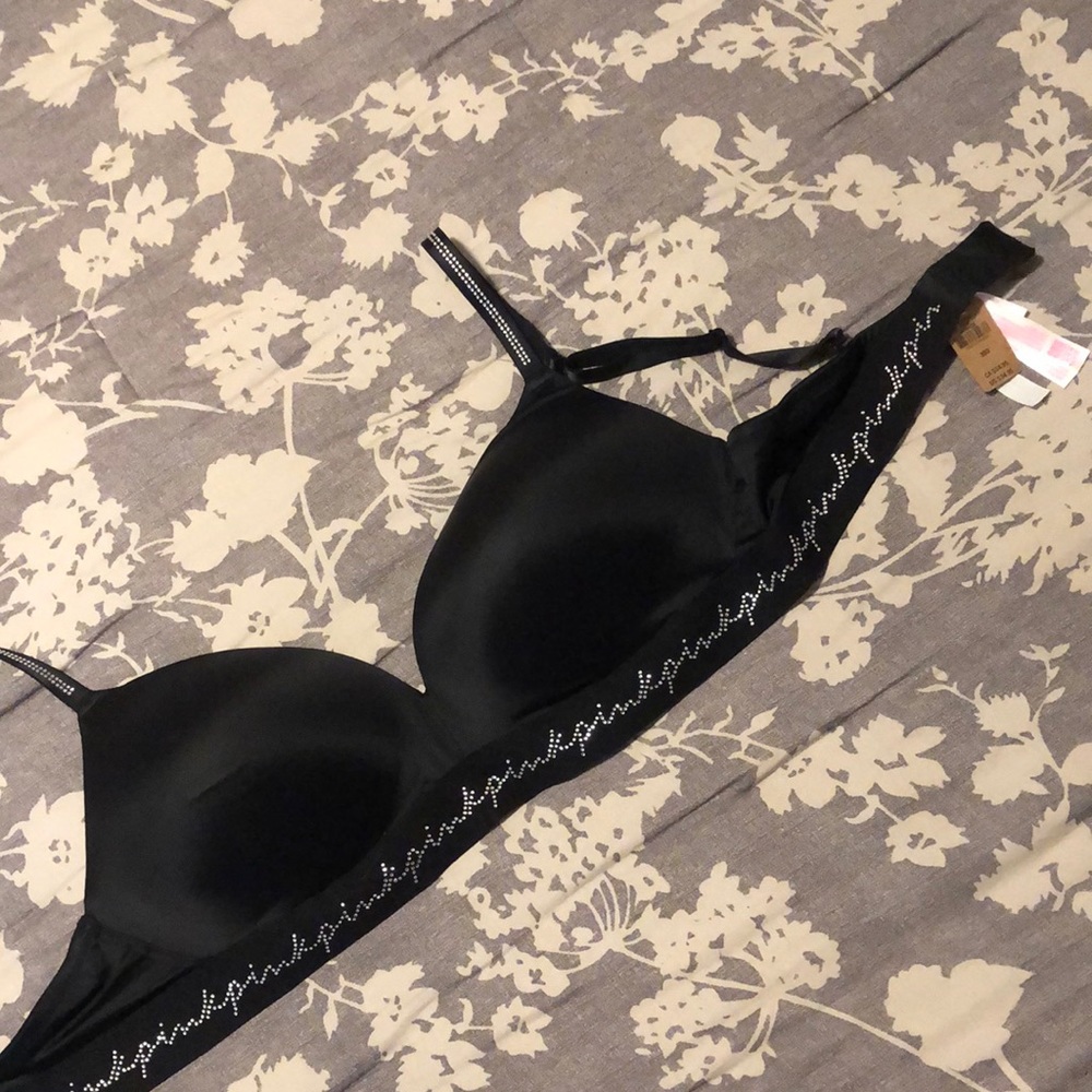 NWT VICTORIA’S SECRET PINK BLACK RHINESTONE PADDED BRA